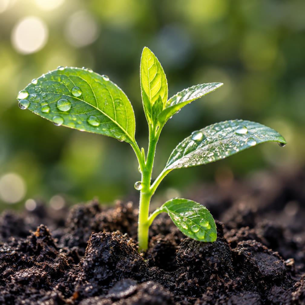 A green seedling with dew drops growing in healthy soil