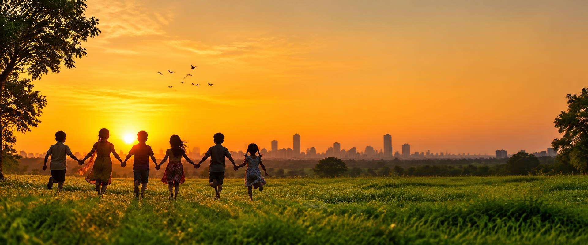 Children holding hands and running through a meadow toward the city at sunset