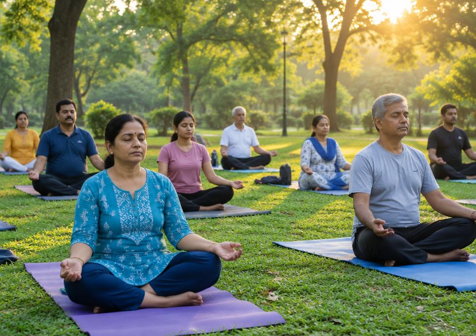 Community group meditating on yoga mats in a park