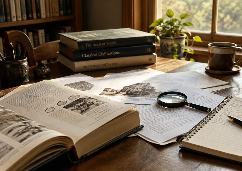 Study desk with books, papers and a magnifying glass