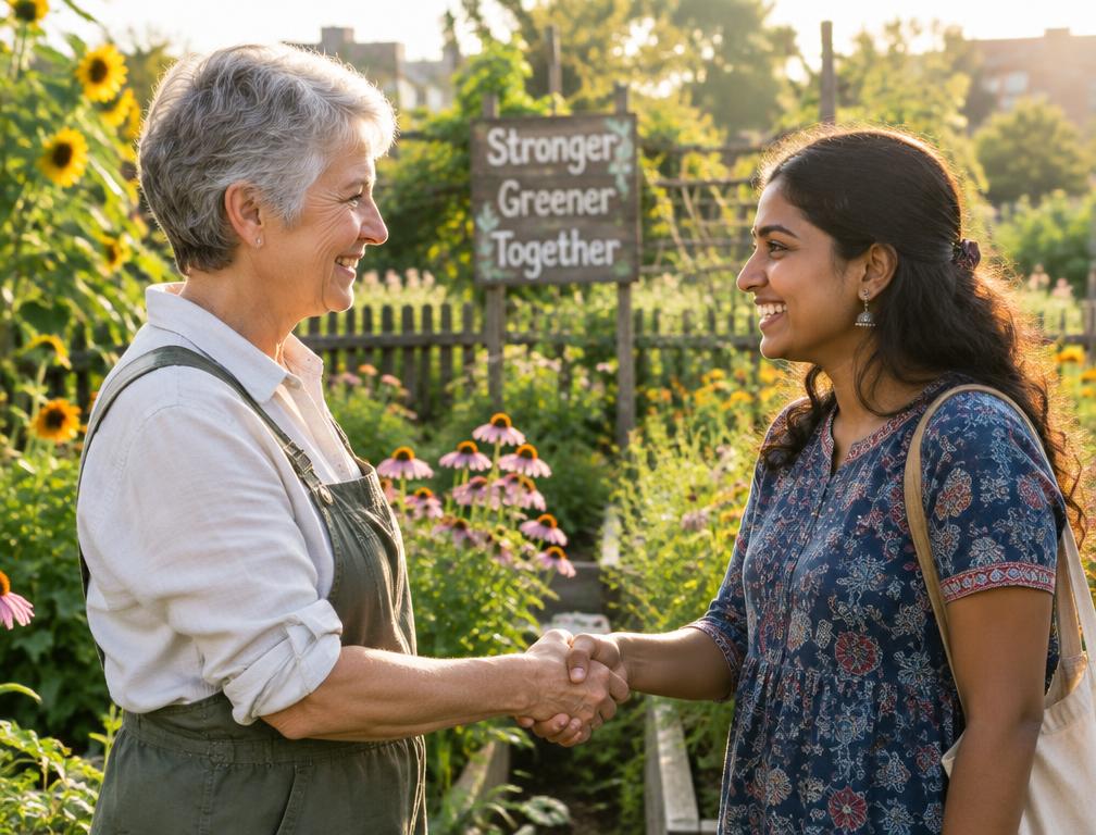 Two women shaking hands in a community garden