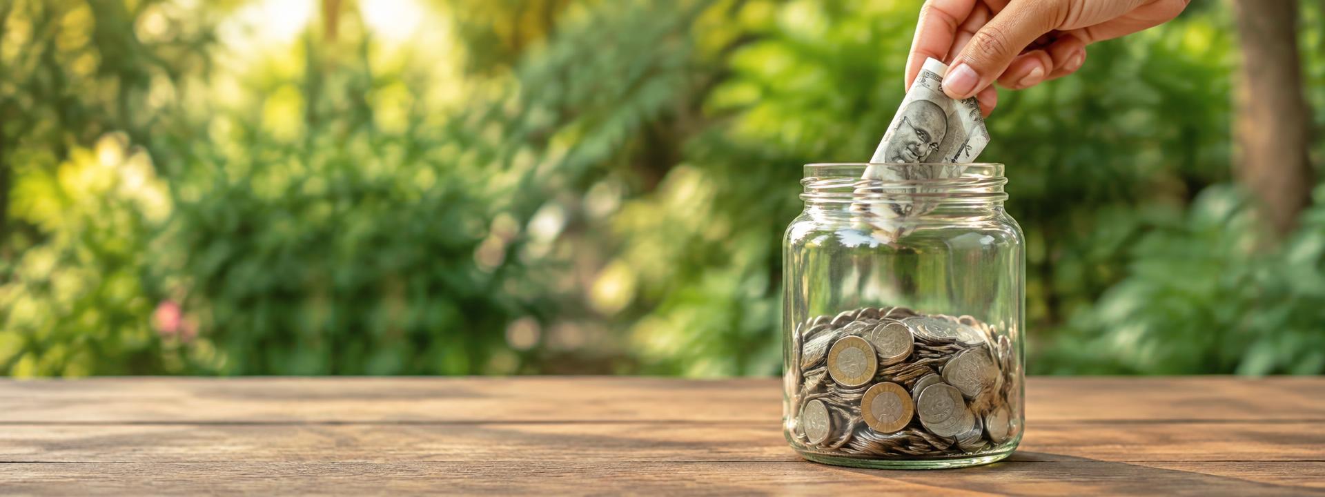 A hand placing a banknote into a glass donation jar
