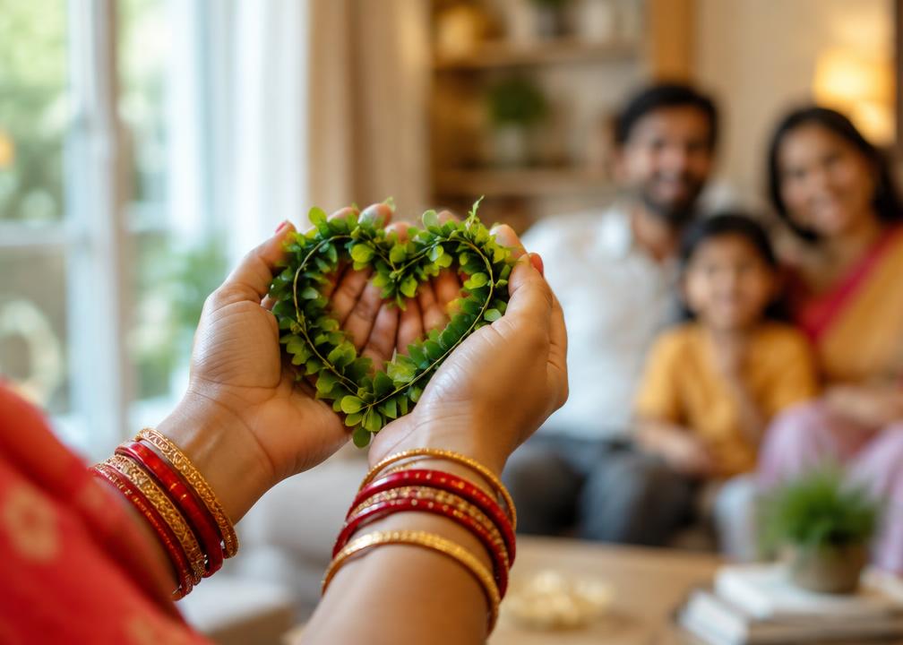 Hands holding a heart-shaped wreath of leaves