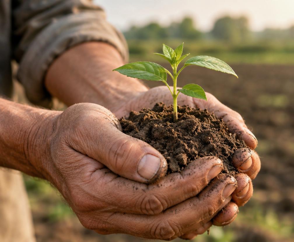 Hands holding soil with a small green seedling