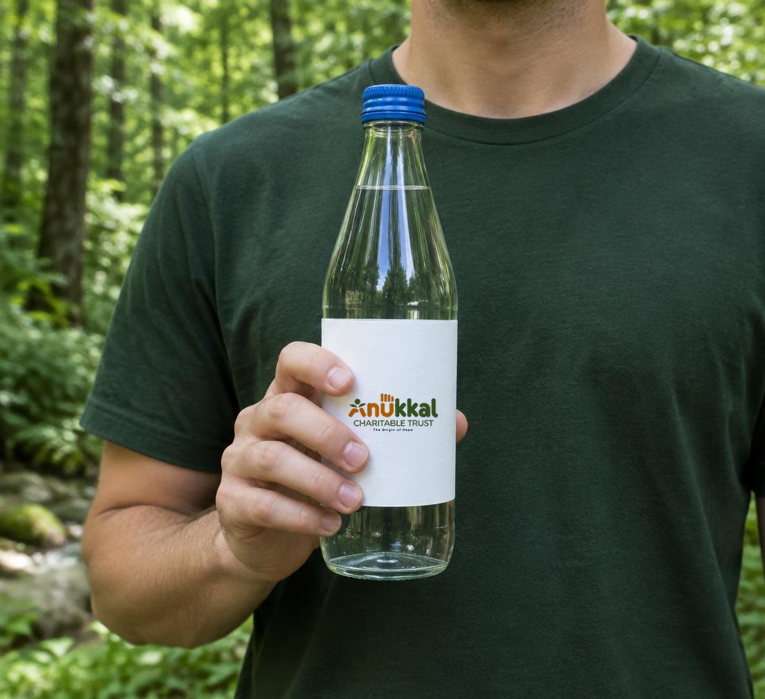A person holding a clear bottle of water in a green forest
