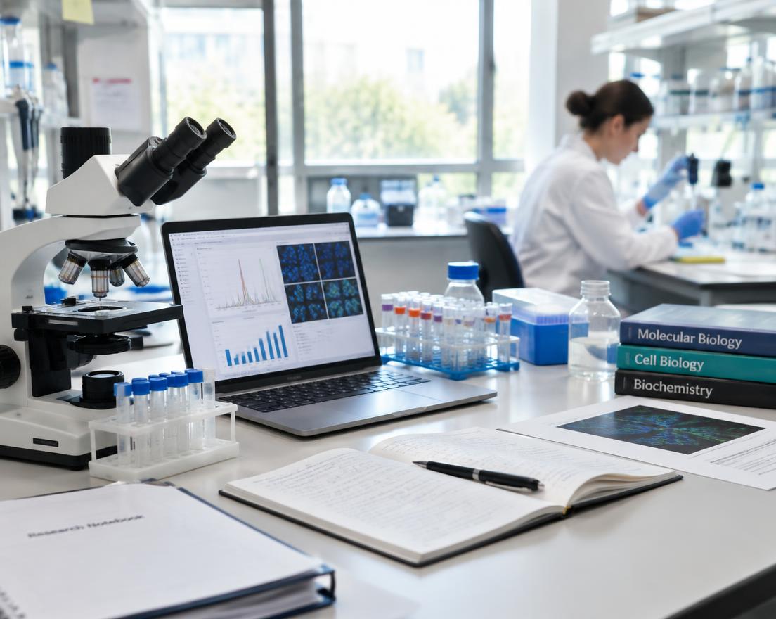 A research laboratory bench with a microscope, laptop and notebooks