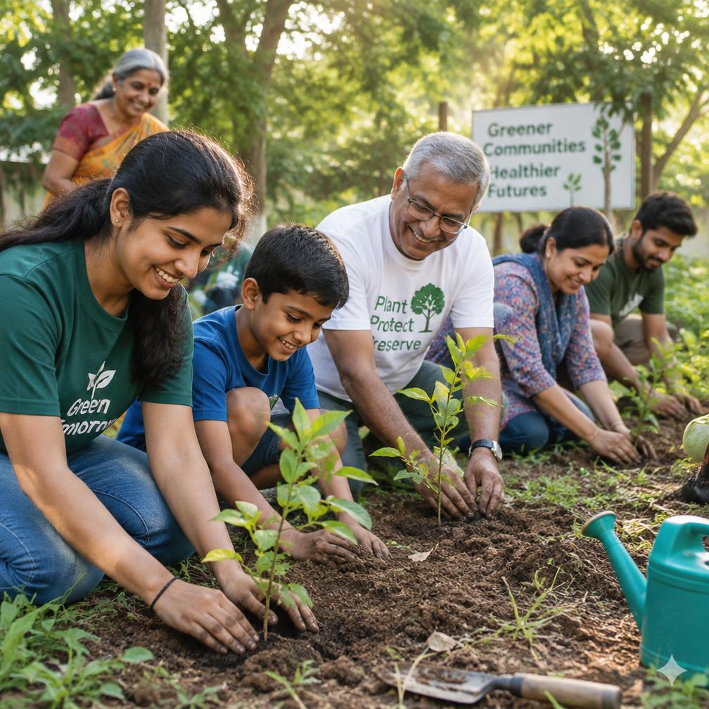 Volunteers planting saplings together in a community garden